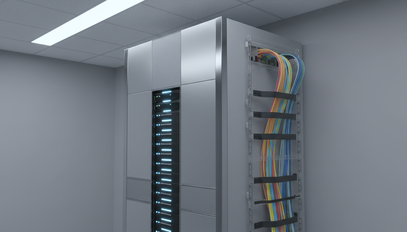 A sleek, high-performance server rack featuring brushed aluminum panels with subtle matte textures and crisp, metallic edges, neatly arranged with LED indicators softly illuminated in cool blue and white. The server is positioned against a smooth, neutral grey wall with organized cable management visible to the side. Overhead daylight-balanced studio lighting casts even illumination, creating crisp lines without harsh shadows. The mood is professional and focused, conveying technological efficiency. Captured at an eye-level, three-quarter view with a centered composition, sharp focus throughout to emphasize cleanliness and order. The photographic realism and clean, modern corporate aesthetic reinforce the IT company's commitment to structured solutions for businesses.